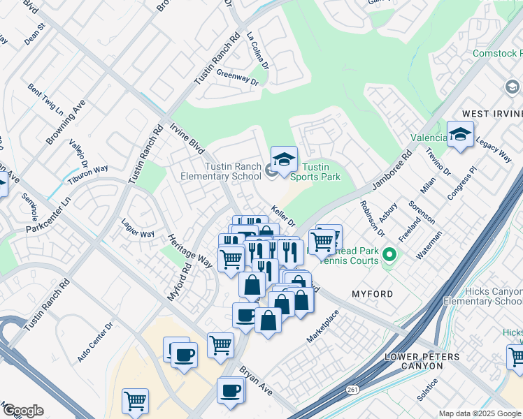 map of restaurants, bars, coffee shops, grocery stores, and more near 2800 Keller Drive in Tustin