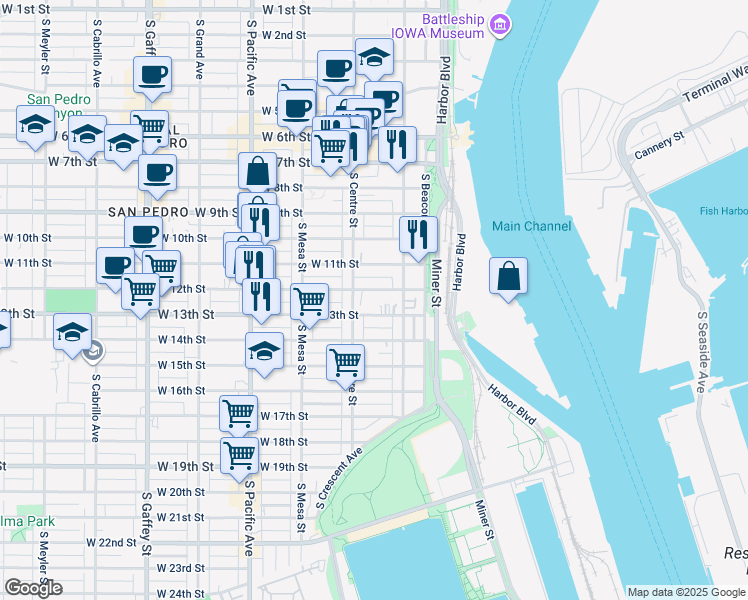 map of restaurants, bars, coffee shops, grocery stores, and more near 259 West 12th Street in Los Angeles