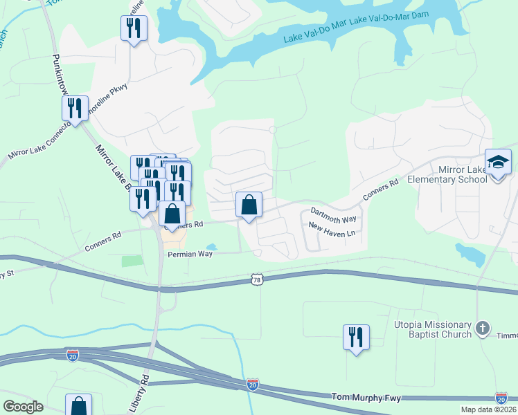 map of restaurants, bars, coffee shops, grocery stores, and more near 2761 Nautical Way in Villa Rica