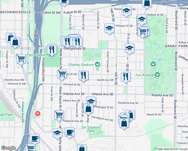map of restaurants, bars, coffee shops, grocery stores, and more near 165 Little Street Southeast in Atlanta