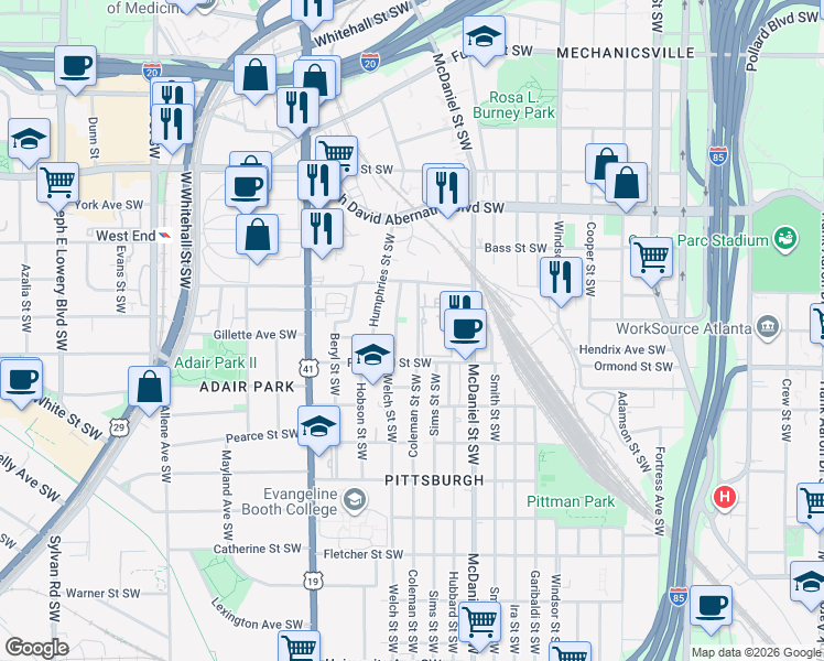 map of restaurants, bars, coffee shops, grocery stores, and more near 771 Coleman Street Southwest in Atlanta