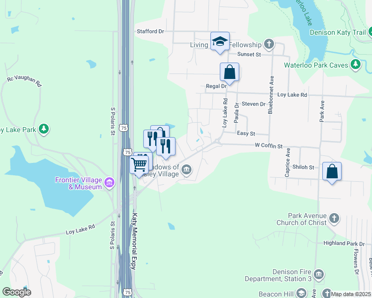map of restaurants, bars, coffee shops, grocery stores, and more near 2804 South Lillis Lane in Denison