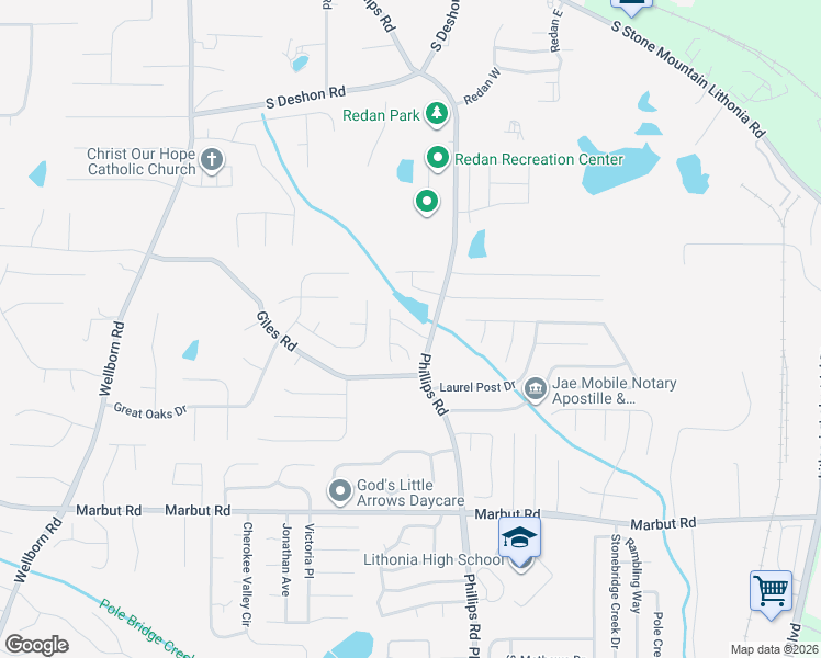 map of restaurants, bars, coffee shops, grocery stores, and more near Phillips Lake Way in Redan