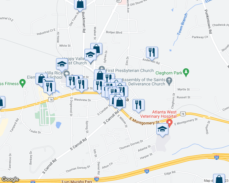 map of restaurants, bars, coffee shops, grocery stores, and more near 325 Temple Street in Villa Rica