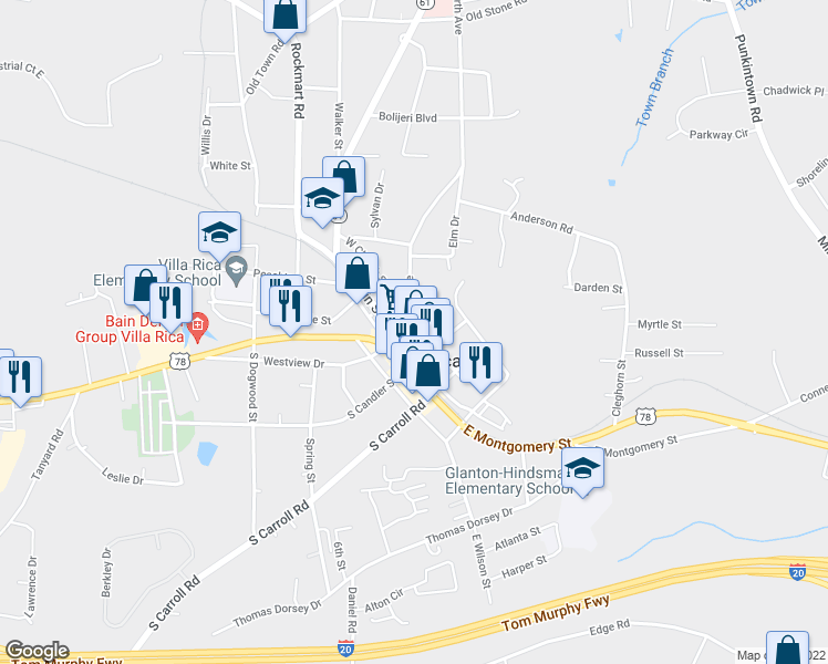map of restaurants, bars, coffee shops, grocery stores, and more near 212 North Candler Street in Villa Rica