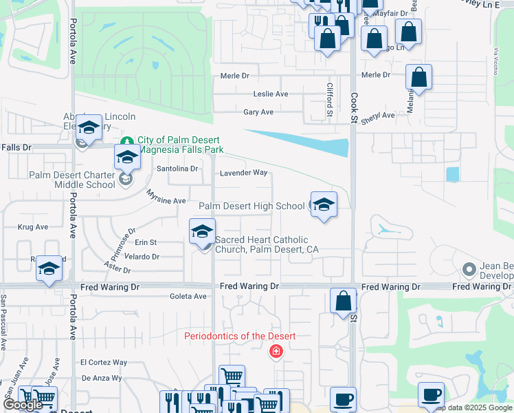 map of restaurants, bars, coffee shops, grocery stores, and more near 74613 Waterlily Circle in Palm Desert