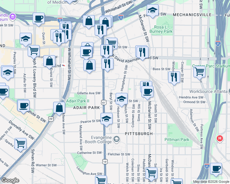 map of restaurants, bars, coffee shops, grocery stores, and more near 790 Bender Street Southwest in Atlanta