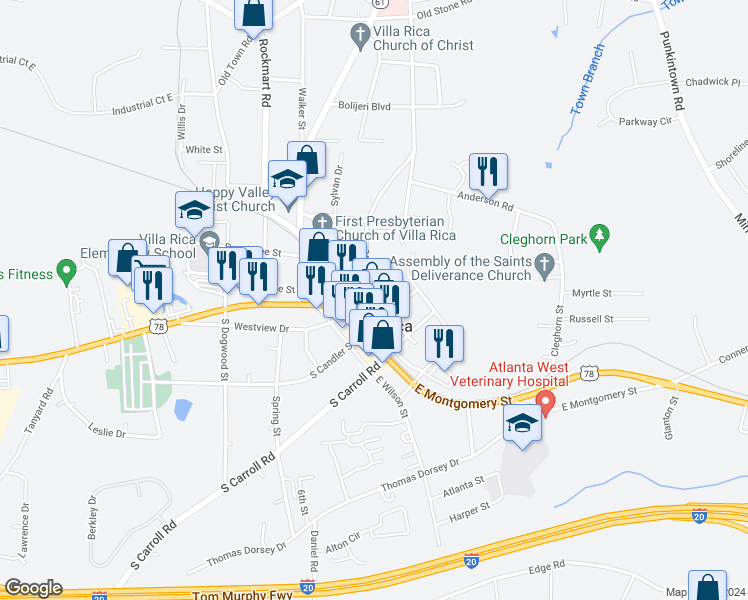 map of restaurants, bars, coffee shops, grocery stores, and more near 302 West Church Street in Villa Rica