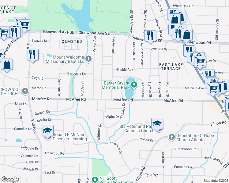 map of restaurants, bars, coffee shops, grocery stores, and more near 1979 West Lakeside Drive in Decatur