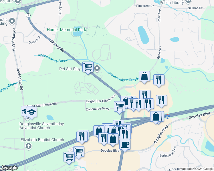 map of restaurants, bars, coffee shops, grocery stores, and more near 9129 Bill Arp Road in Douglasville