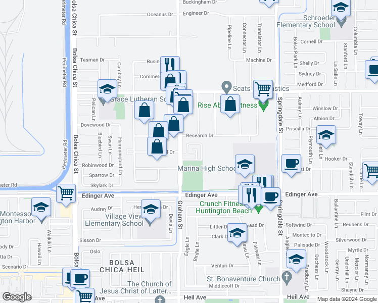 map of restaurants, bars, coffee shops, grocery stores, and more near 5552 Reno Circle in Huntington Beach