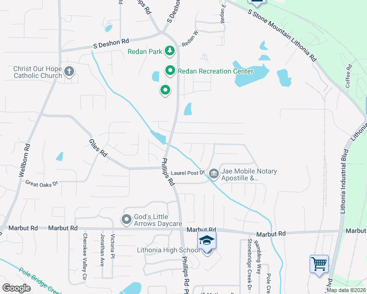 map of restaurants, bars, coffee shops, grocery stores, and more near 6674 Eastbriar Drive in Lithonia