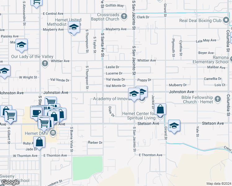 map of restaurants, bars, coffee shops, grocery stores, and more near 40105 Johnston Avenue in Hemet