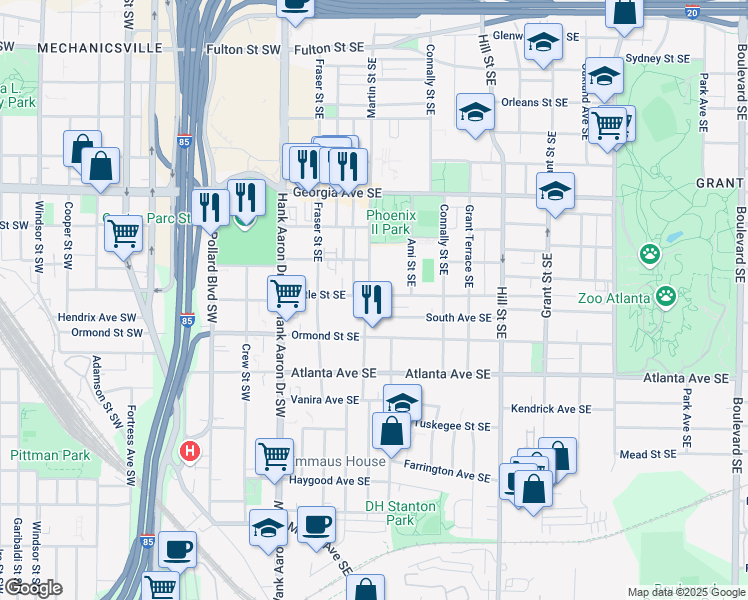 map of restaurants, bars, coffee shops, grocery stores, and more near 117 Little Street Southeast in Atlanta