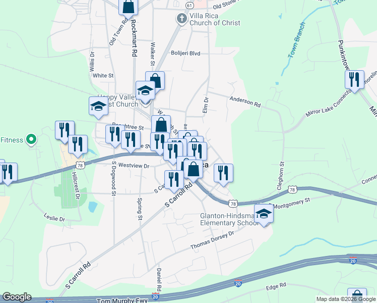 map of restaurants, bars, coffee shops, grocery stores, and more near 306 West Church Street in Villa Rica
