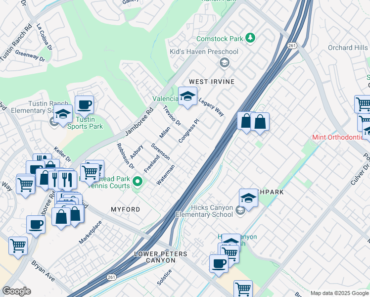 map of restaurants, bars, coffee shops, grocery stores, and more near 107 Waterman in Irvine