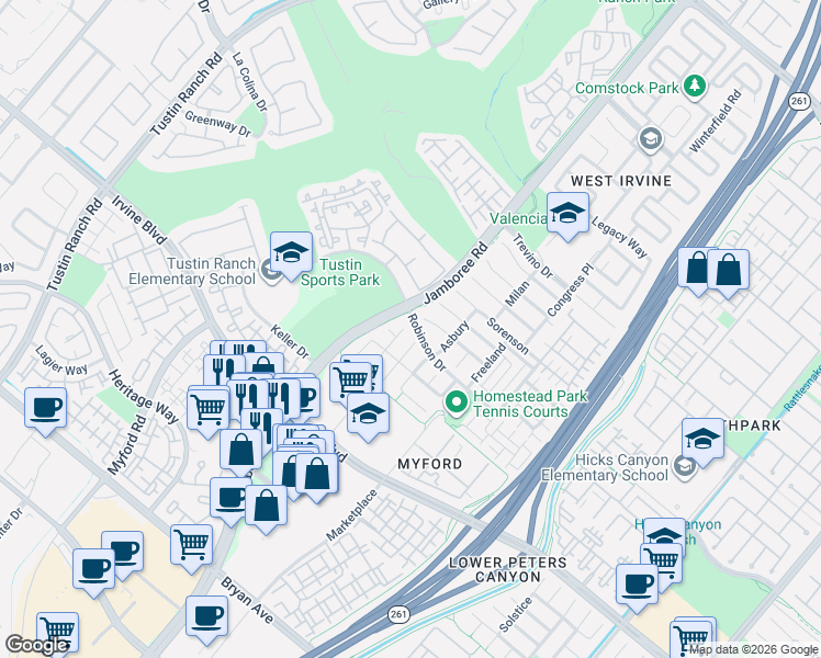 map of restaurants, bars, coffee shops, grocery stores, and more near 5 Pollena in Irvine