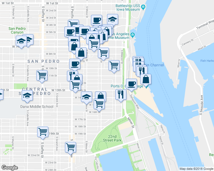 map of restaurants, bars, coffee shops, grocery stores, and more near 242 West 12th Street in Los Angeles