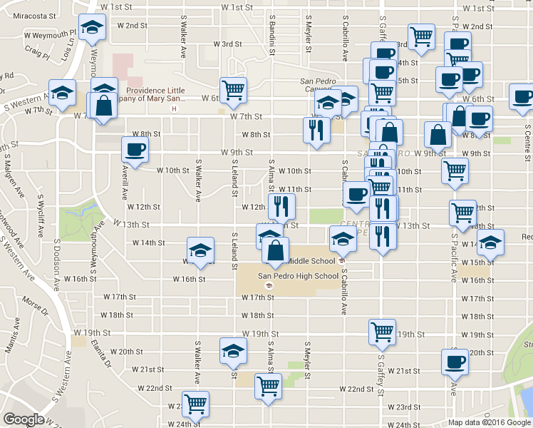 map of restaurants, bars, coffee shops, grocery stores, and more near 1134 South Alma Street in Los Angeles