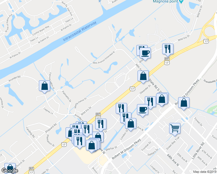 map of restaurants, bars, coffee shops, grocery stores, and more near 4709 Wild Iris Drive in Myrtle Beach