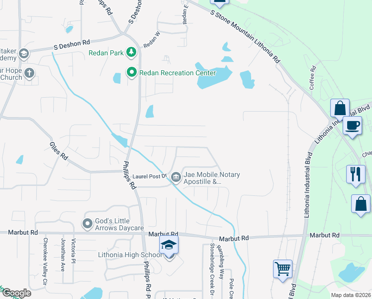 map of restaurants, bars, coffee shops, grocery stores, and more near 6590 Eastbriar Drive in Lithonia