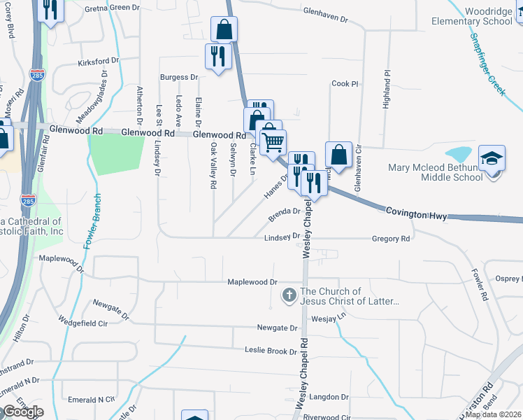 map of restaurants, bars, coffee shops, grocery stores, and more near 4221 Hanes Drive in Decatur