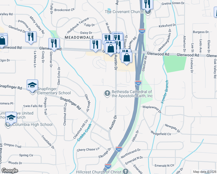 map of restaurants, bars, coffee shops, grocery stores, and more near 3851 Austin Park Lane in Decatur