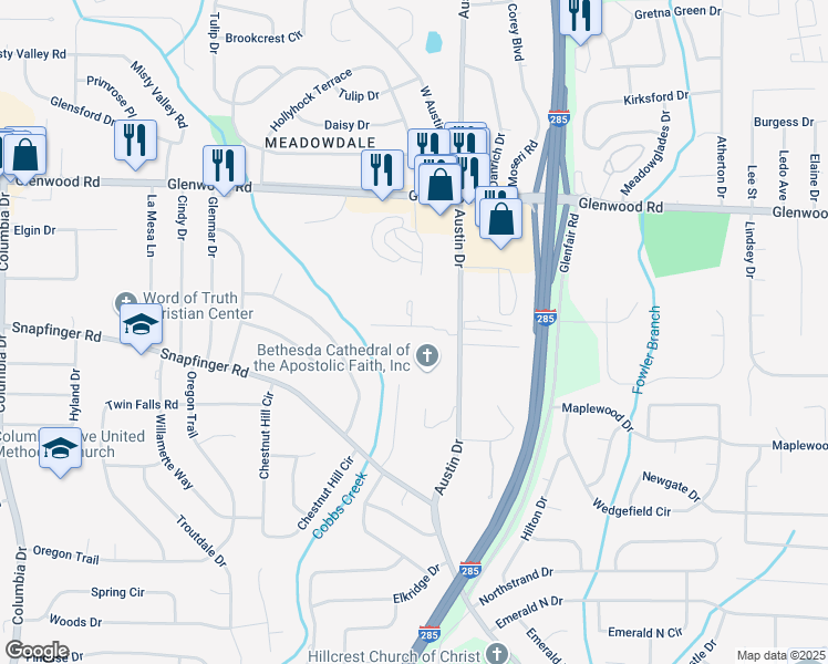 map of restaurants, bars, coffee shops, grocery stores, and more near 3831 Austin Park Lane in Decatur