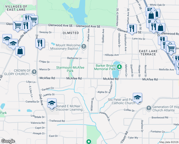 map of restaurants, bars, coffee shops, grocery stores, and more near 660 Parker Avenue in Decatur