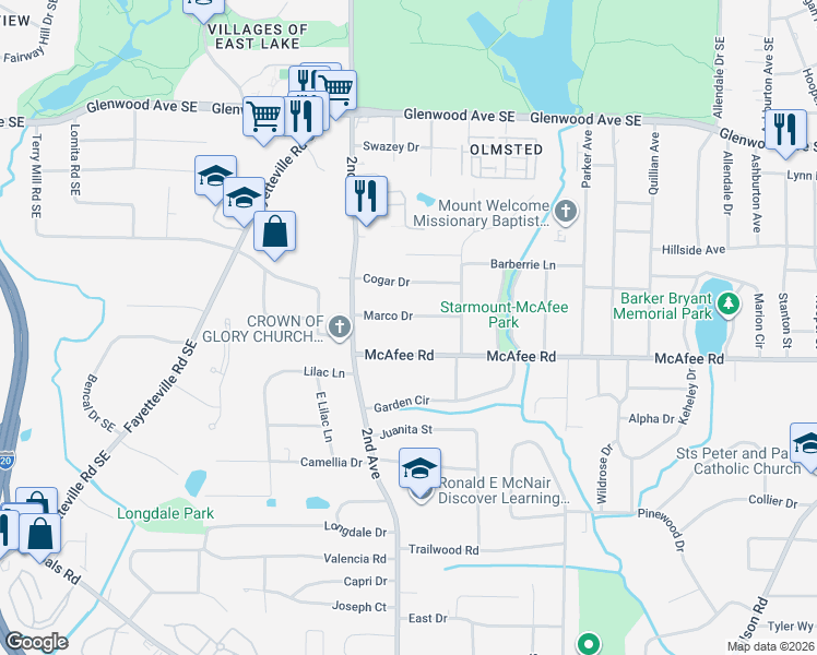 map of restaurants, bars, coffee shops, grocery stores, and more near 2018 Marco Drive in Decatur