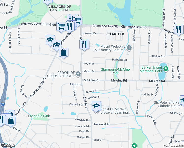 map of restaurants, bars, coffee shops, grocery stores, and more near 2018 Marco Drive in Decatur