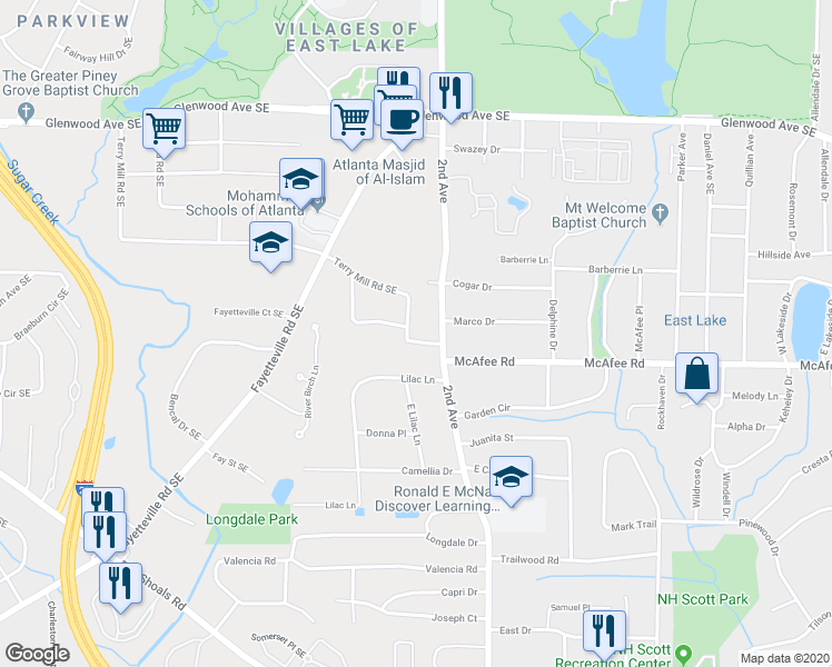 map of restaurants, bars, coffee shops, grocery stores, and more near 1962 Terry Mill Road Southeast in Atlanta