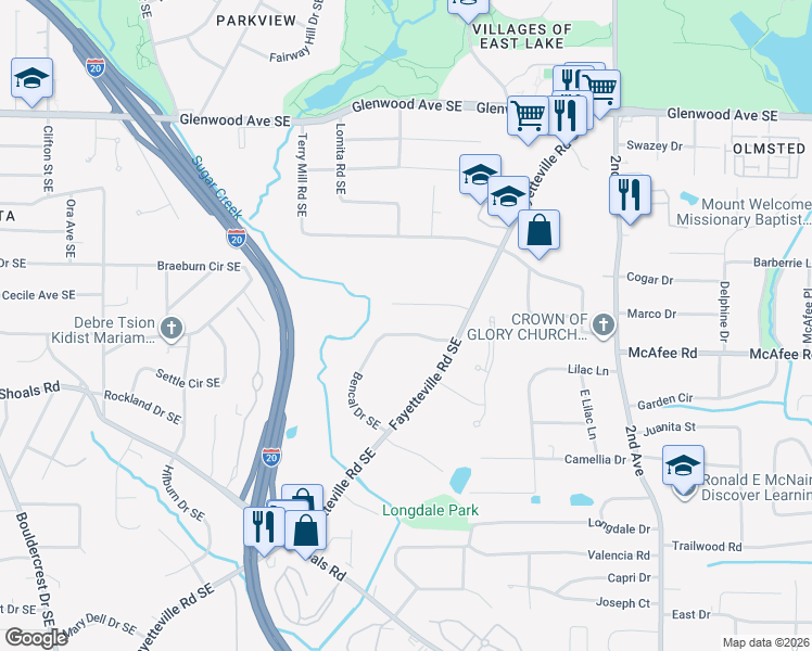 map of restaurants, bars, coffee shops, grocery stores, and more near 1771 Fayetteville Court Southeast in Atlanta