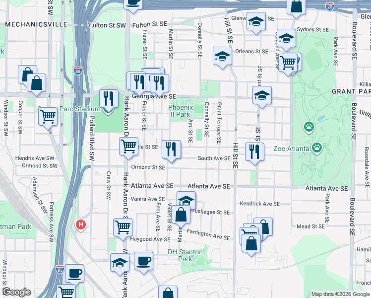 map of restaurants, bars, coffee shops, grocery stores, and more near 160 Little Street Southeast in Atlanta
