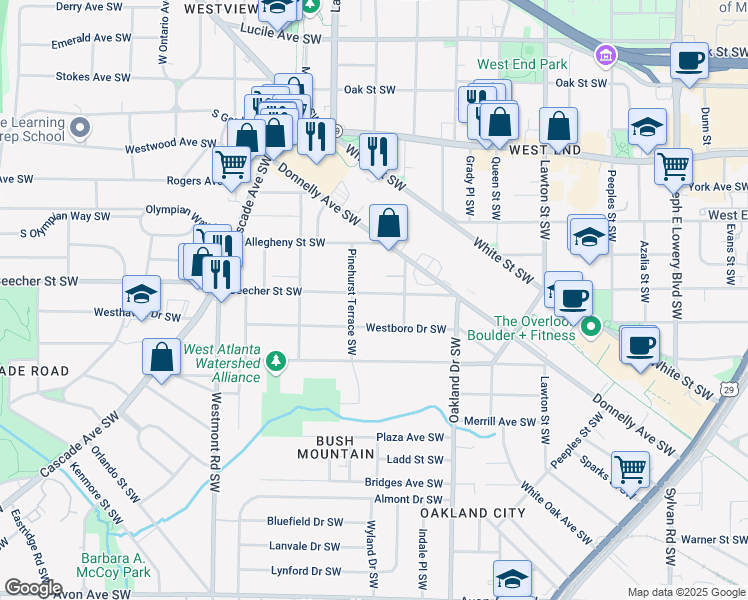 map of restaurants, bars, coffee shops, grocery stores, and more near 1318 Beecher Street Southwest in Atlanta
