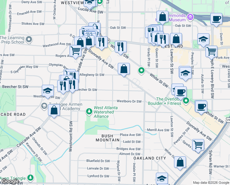 map of restaurants, bars, coffee shops, grocery stores, and more near 1355 Beecher Street Southwest in Atlanta