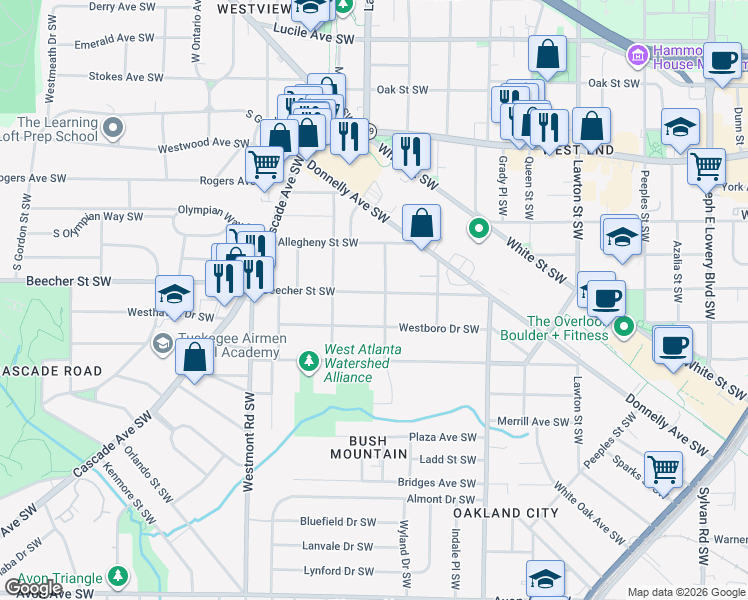map of restaurants, bars, coffee shops, grocery stores, and more near 1355 Beecher Street Southwest in Atlanta