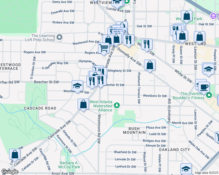 map of restaurants, bars, coffee shops, grocery stores, and more near 1478 Beecher Street Southwest in Atlanta