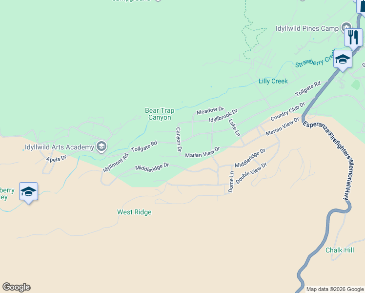 map of restaurants, bars, coffee shops, grocery stores, and more near 53155 Tollgate Road in Idyllwild-Pine Cove