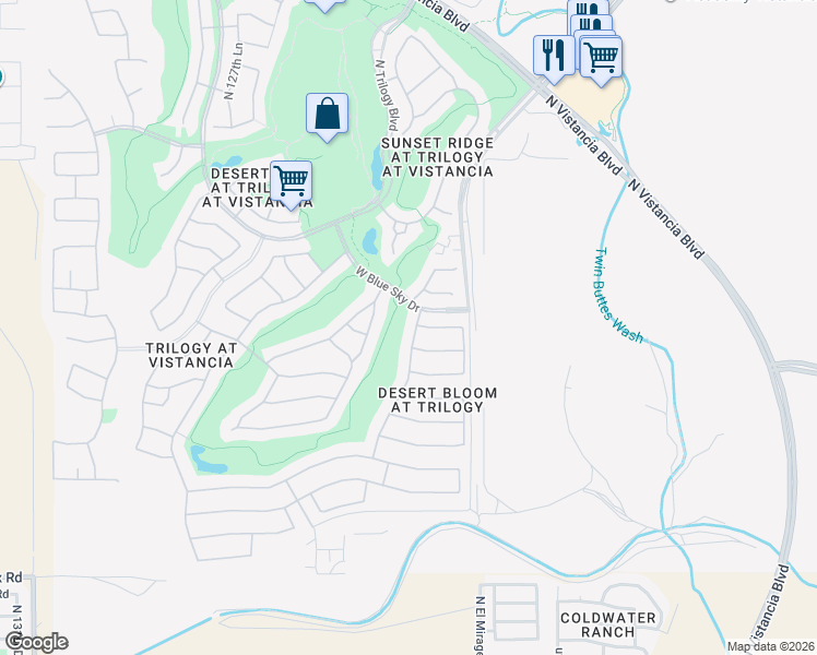 map of restaurants, bars, coffee shops, grocery stores, and more near 27582 North 125th Avenue in Peoria