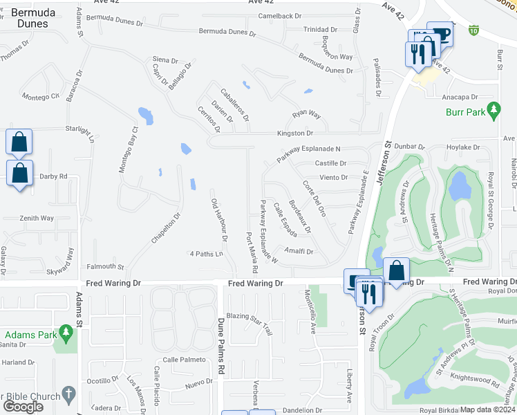 map of restaurants, bars, coffee shops, grocery stores, and more near 43501 Parkway Esplanade West in La Quinta