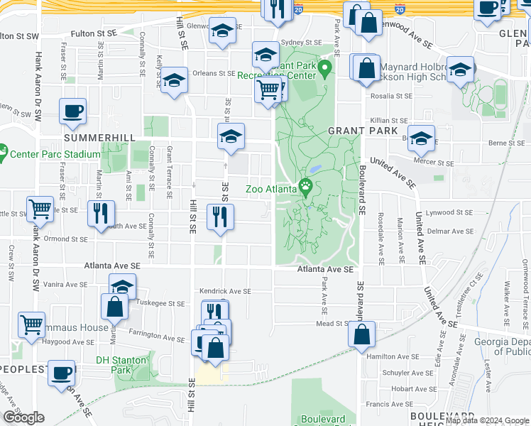 map of restaurants, bars, coffee shops, grocery stores, and more near 775A Harrison Place Southeast in Atlanta
