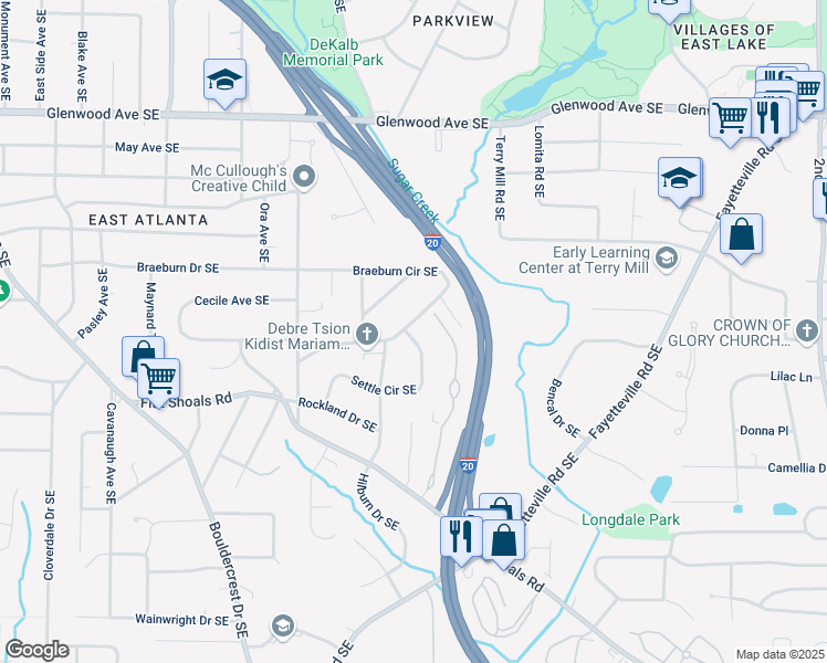map of restaurants, bars, coffee shops, grocery stores, and more near 1994 Braeburn Circle Southeast in Atlanta