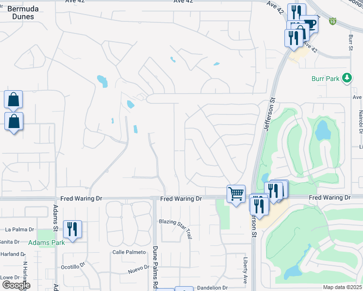 map of restaurants, bars, coffee shops, grocery stores, and more near 43501 Parkway Esplanade West in La Quinta