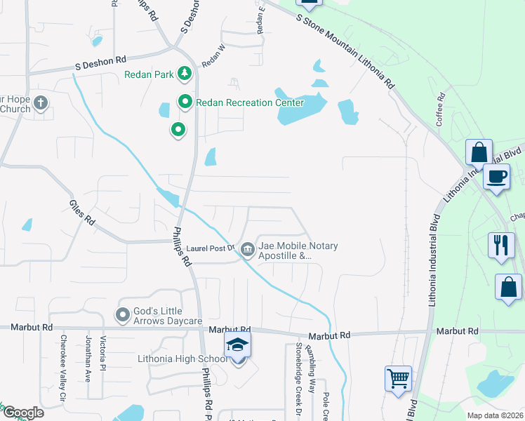 map of restaurants, bars, coffee shops, grocery stores, and more near 6590 Eastbriar Drive in Lithonia