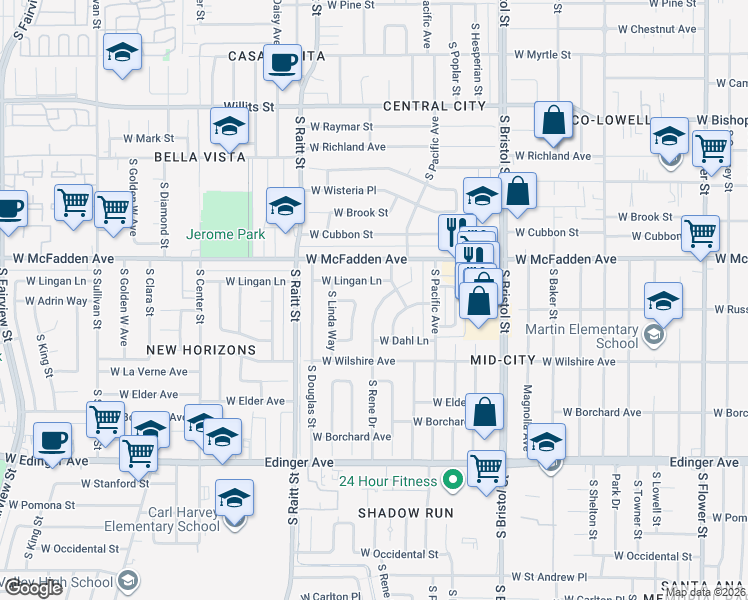 map of restaurants, bars, coffee shops, grocery stores, and more near 1130 South Rene Drive in Santa Ana