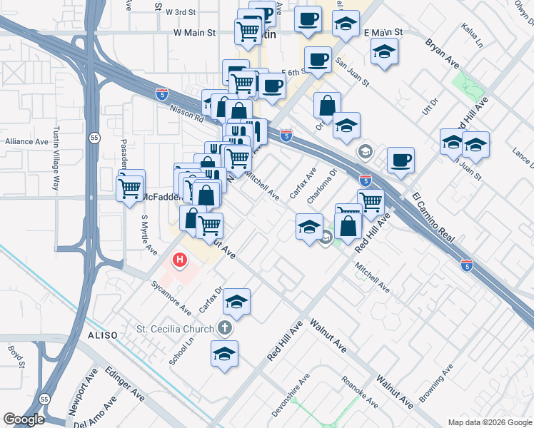 map of restaurants, bars, coffee shops, grocery stores, and more near 1192 Mitchell Avenue in Tustin