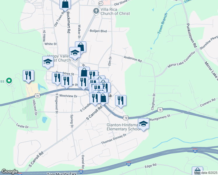 map of restaurants, bars, coffee shops, grocery stores, and more near 210 North Chandler Street in Villa Rica