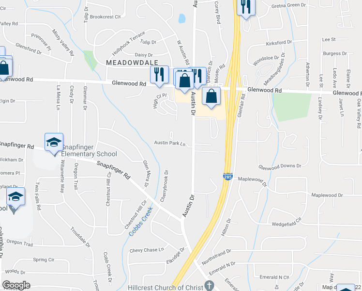 map of restaurants, bars, coffee shops, grocery stores, and more near 3851 Austin Park Lane in Decatur