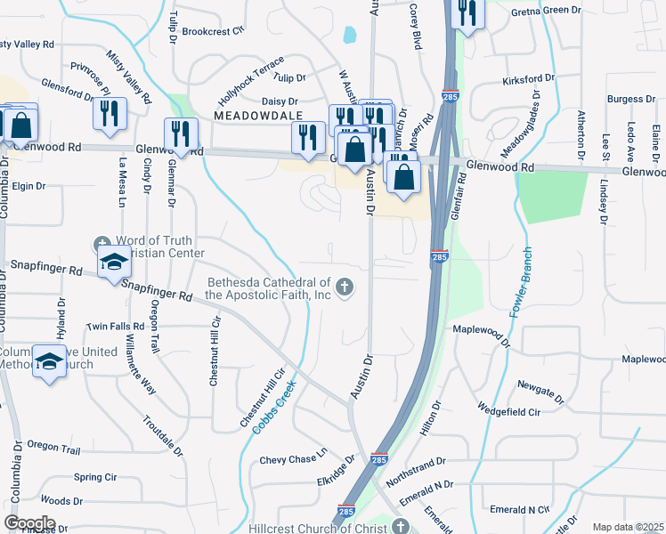 map of restaurants, bars, coffee shops, grocery stores, and more near 3831 Austin Park Lane in Decatur